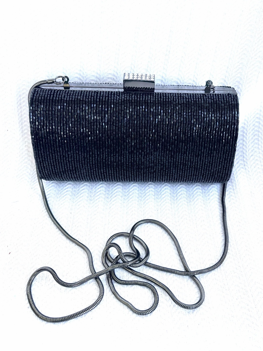 Vintage Lord & Taylor Black Beaded Cylinder Evening Clutch with Chain Strap